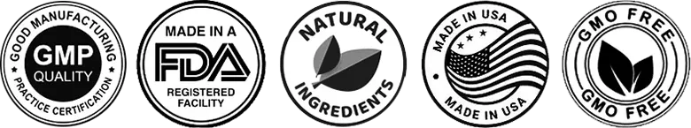 Quality seals: GMP quality, made in an FDA-registered facility, natural ingredients, made in USA, GMO free